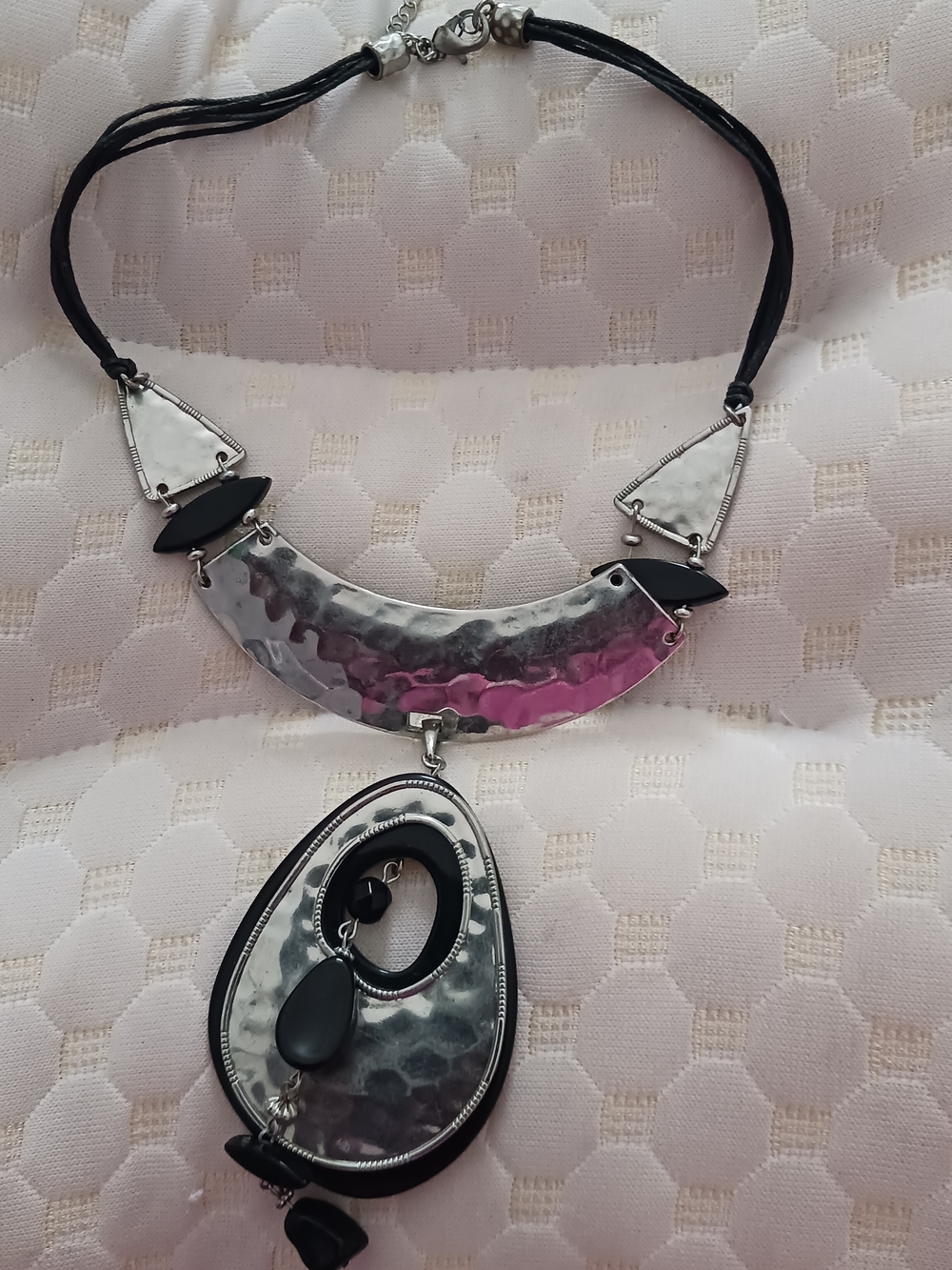 Hammered Silver-Tone Pendant Necklace with Black Accents